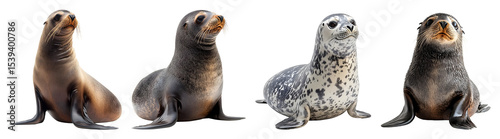 Group of four seals sitting upright featuring brown black and spotted fur patterns against a dark background