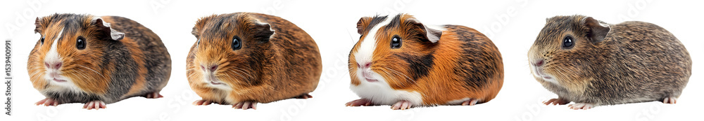 Four cute guinea pigs with different color patterns sit side by side against a dark background