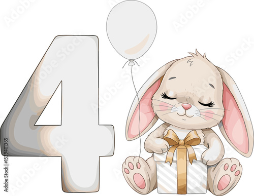 Watercolor bunny sitting with gift box with, white balloon and big number Four behind for Birthday invitations or monthly milestone cards. Drawing of cute Rabbit in beige pastel colors for Baby design