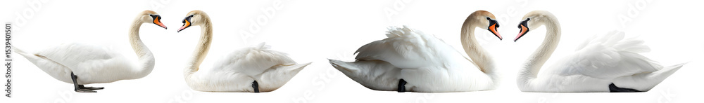 Fototapeta premium Group Of Four Mute Swans With White Feathers And Orange Beaks On A Transparent Background In Various Poses