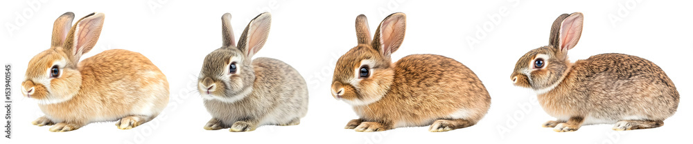 Fototapeta premium Four Rabbits With Varied Brown And Grey Fur Tones Rest Against A Transparent Background