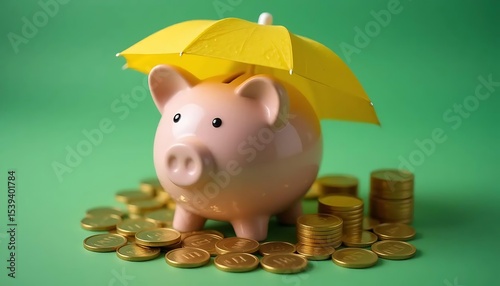 Financial Security: Piggy Bank and gold coins Protected under big yellow Umbrella on green	