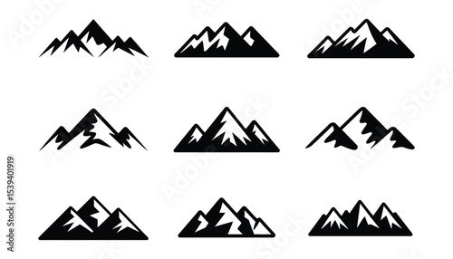 Black and white mountain silhouettes for scenic nature backgrounds, hiking logos, wilderness vector icons, and outdoor illustrations