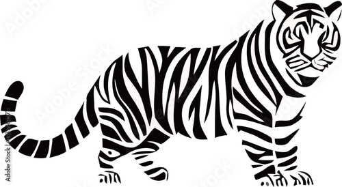 Stylized black and white illustration of a tiger with bold stripes.