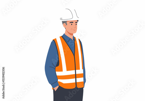 A construction worker with a white hard hat and an orange safety vest standing on white
