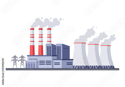 A factory with towers  smokestacks emits steam power lines stand nearby