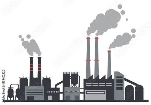 A gray and black industrial factory with smoke plumes emitting from its tall chimneys