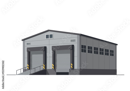 A lowresolution pixelated gray warehouse with two loading docks and a series of small windows