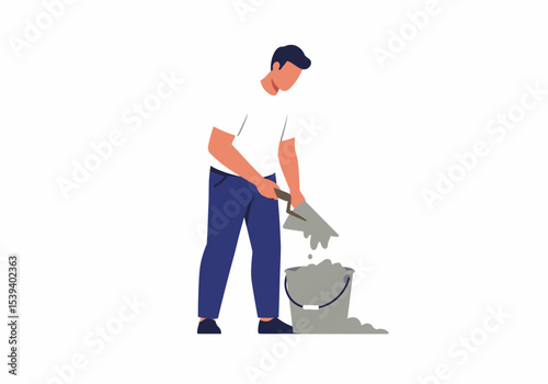 A man in work clothes uses a trowel to scoop gray cement into a bucket