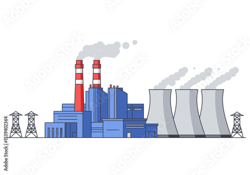 A power plant with red striped smokestacks and cooling towers expelling grey smoke into the sky