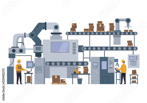 A manufacturing plant with workers and machinery producing and moving boxes