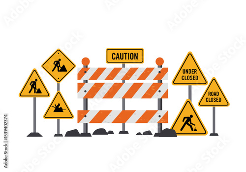 A set of construction signs include worker caution road closed and barrier markers
