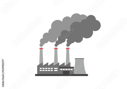 A stylized factory emits dark grey smoke from three chimneys with a cooling tower to the right