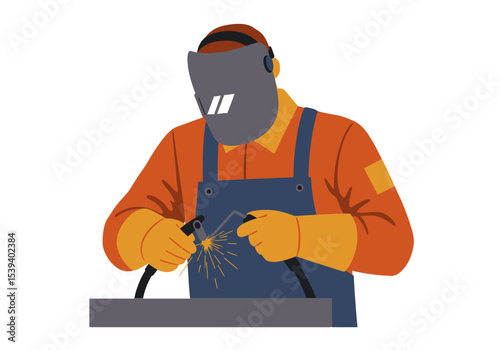 A welder in full gear works on a metal surface sparks flying