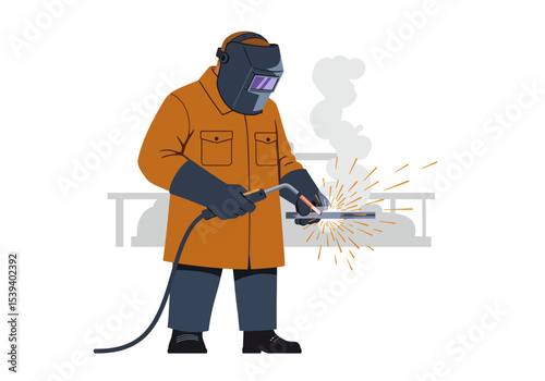 A welder in protective gear welds metal sparks flying