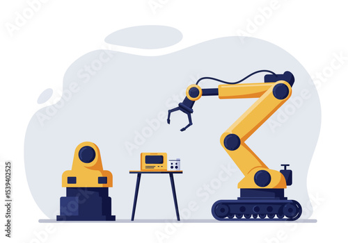 An illustration shows a robotic arm alongside a worktable and machine