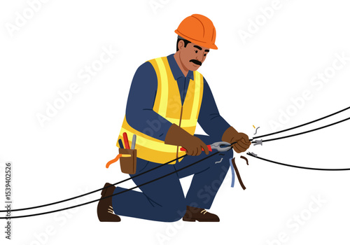 An electrician cuts wires while kneeling wearing safety gear and using pliers