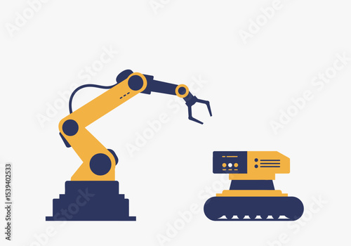 An illustration shows a robotic arm next to a machine with caterpillar treads