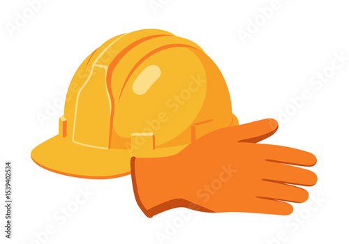 A yellow hard hat with an orange work glove resting against it