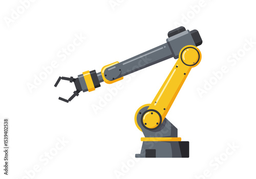An industrial robot arm is displayed featuring yellow and gray parts with a clawlike gripper