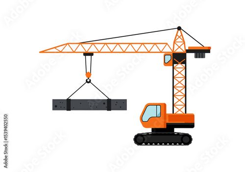 An orange construction crane lifting a grey beam with a chain from its extended arm