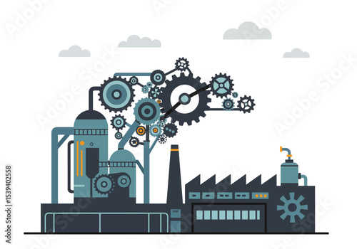 An industrial plant with gears and stacks emitting clouds