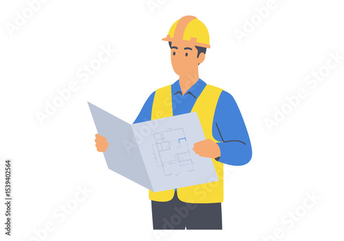 Architect in hard hat studying a blueprint