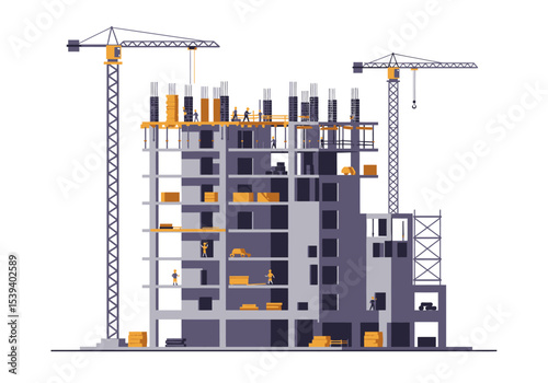An unfinished building with two construction cranes on the construction site