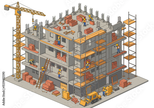 Building under construction with workers crane scaffolding and materials