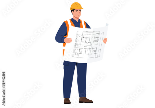 Cartoon engineer in a hard hat and safety vest reviews a blueprint