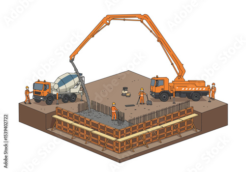 Construction site scene concrete being poured into foundation with workers and machinery