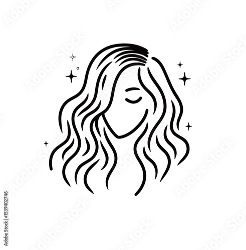 Stylized illustration of a woman with flowing hair, featuring a minimalist design.