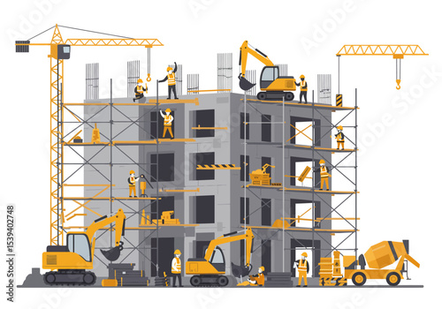 Construction site with building workers cranes and yellow machinery on scaffolding