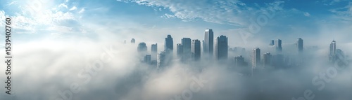City skyline emerging through fog under a bright sky, serene urban landscape.