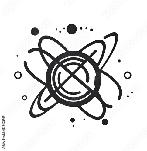 Stylized black and white illustration of an atom with circular orbits and particles.