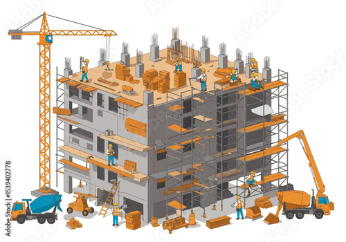 Construction site with workers scaffolding crane cement mixer and building under construction