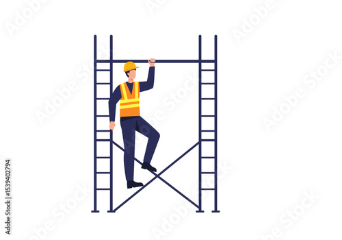 Construction worker climbing scaffolding wearing safety gear and hard hat