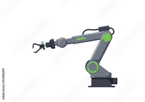 Gray robotic arm featuring a pincer grip and green accents