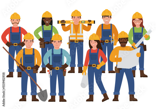 Group of 9 cartoon construction workers with hard hats holding tools and wearing overalls