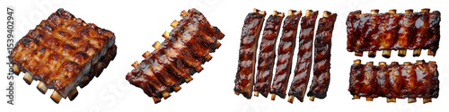 Assortment of barbecued ribs a rack of ribs with a dark glaze seen against a black backdrop ready to isolate