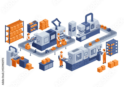 Isometric illustration factory floor machinery workers conveyor belts shelves boxes robotic arm control panels