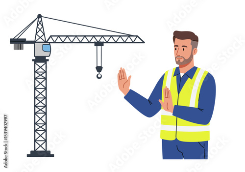 Man in a safety vest with a crane in the background