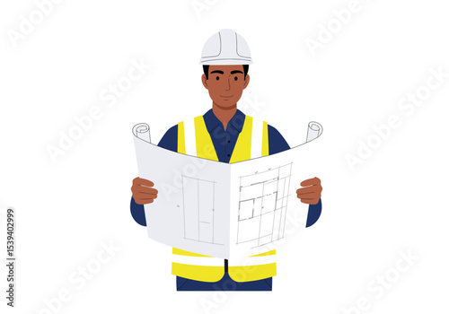 Man in hard hat and safety vest holds a blueprint