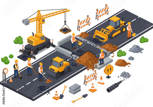 Road construction scene featuring workers machinery barriers and materials on a paved surface