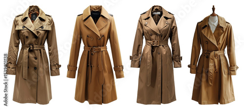Four Belted Tan Trench Coats Displayed Transparent Background For Product Showcasing And Fashion Layouts