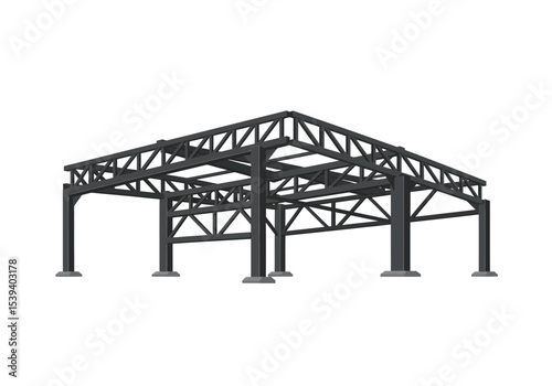 Steel frame structure supports trusses beams gray