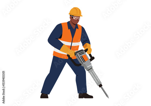 Worker in safety gear operating a jackhammer