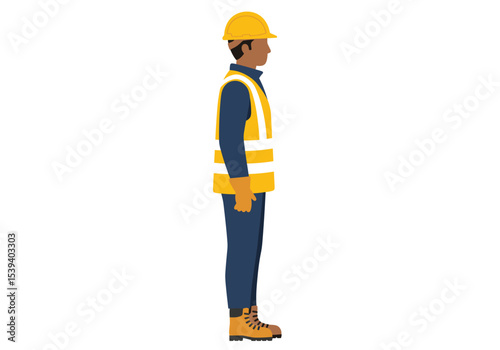 Worker with safety vest and hard hat facing right blue work clothes and gloves orange boots
