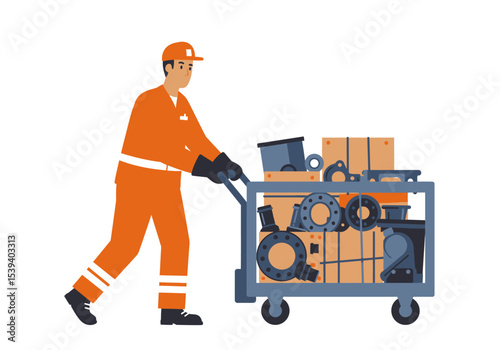Worker wearing orange uniform pushes a cart full of metal parts and boxes