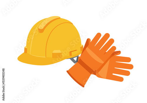 Yellow hard hat next to a pair of orange work gloves